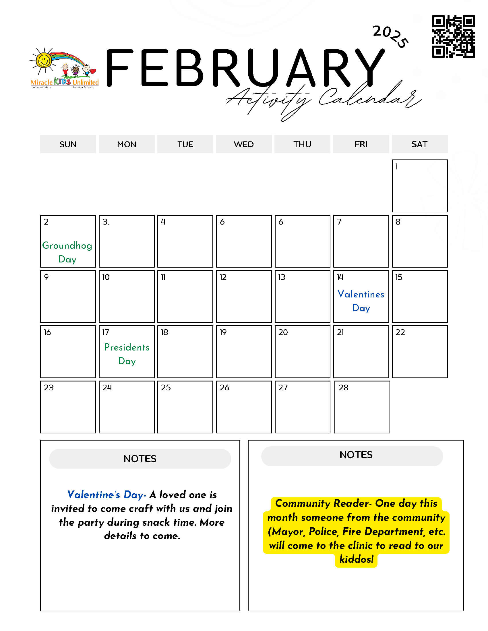 February Activity Calendar