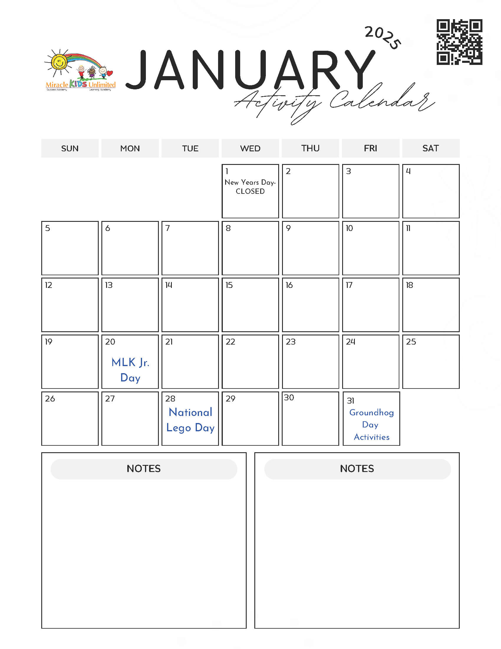 January Activity Calendar