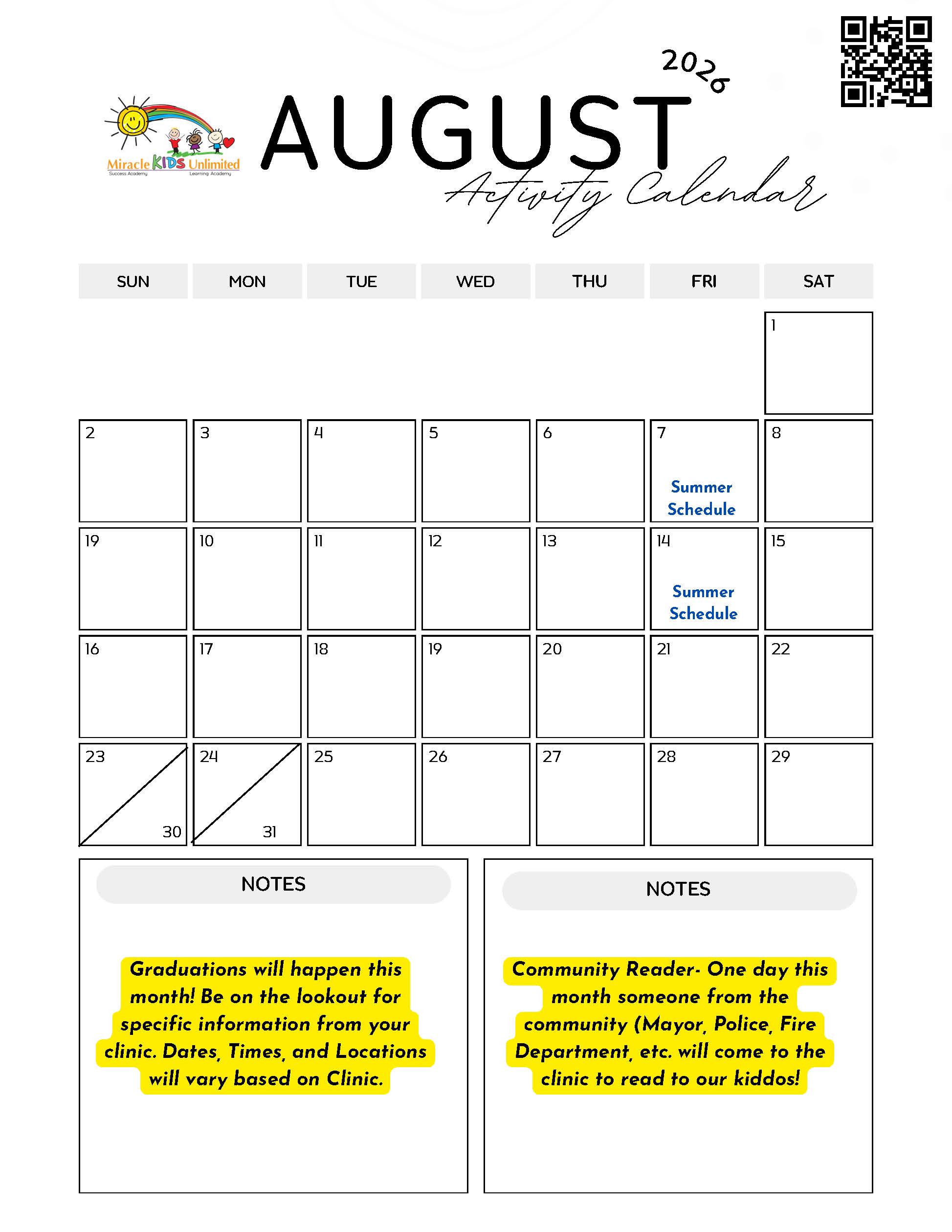 August Activity Calendar