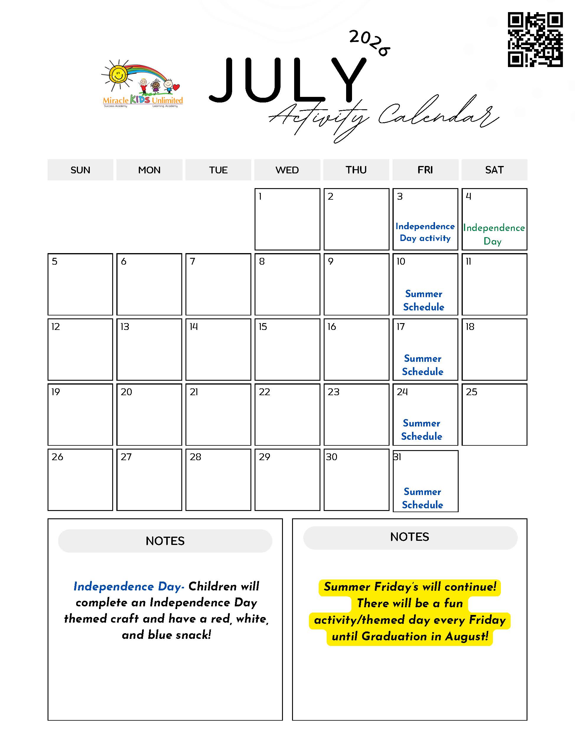 July Activity Calendar