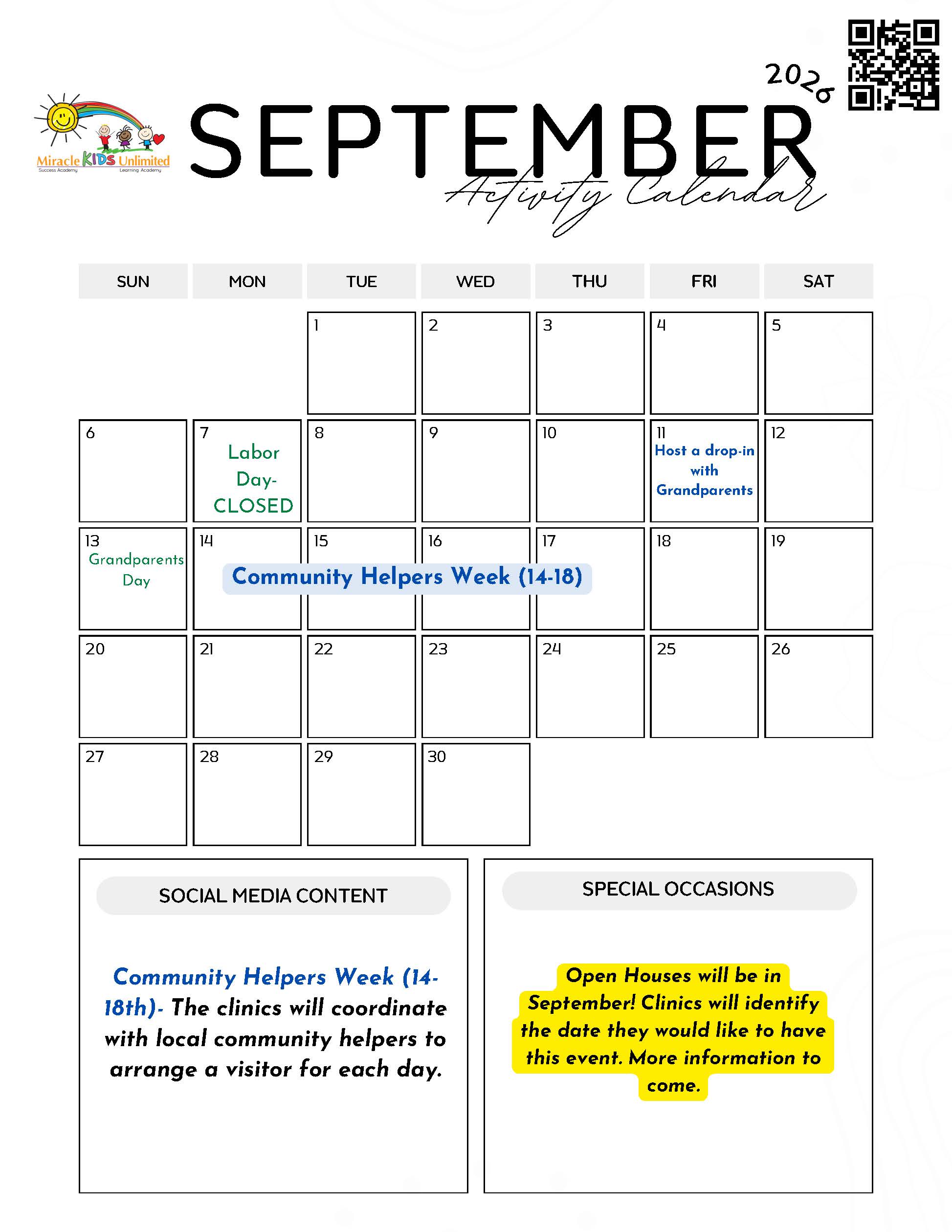 September Activity Calendar