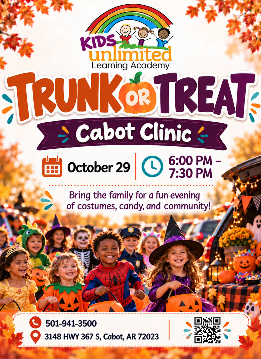 Trunk or Treat at Kids Unlimited Learning Academy in Cabot, Arkansas on October 29, 2026 from 6:00pm to 7:30pm