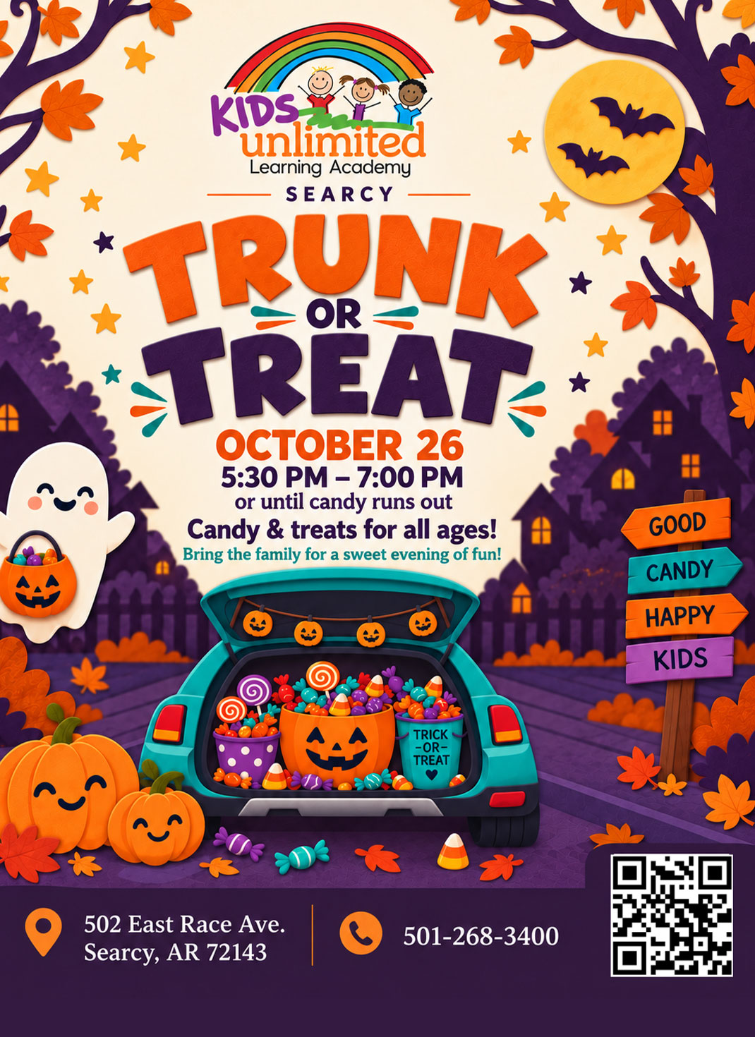 Trunk or Treat at Kids Unlimited Learning Academy in Searcy, Arkansas on October 26, 2026 from 5:30pm to 7:00pm or until candy runs out