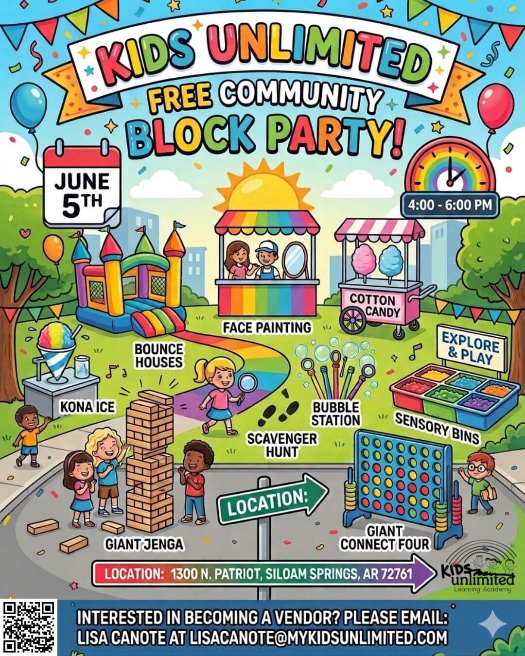 Kids Unlimited Free Community Block Party featuring bounce houses, face painting, cotton candy, Kona Ice, bubble station, scavenger hunt, sensory bins, giant Jenga, giant Connect Four, and family activities on June 5th from 4pm to 6pm in Siloam Springs, Arkansas